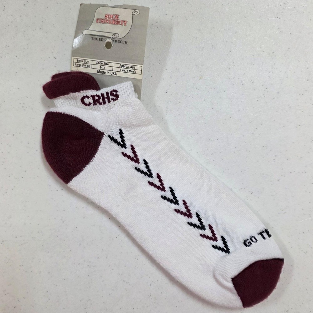 Sock University CRHS Go Team Ankle Socks White Maroon Mens Large 10-13 Made USA